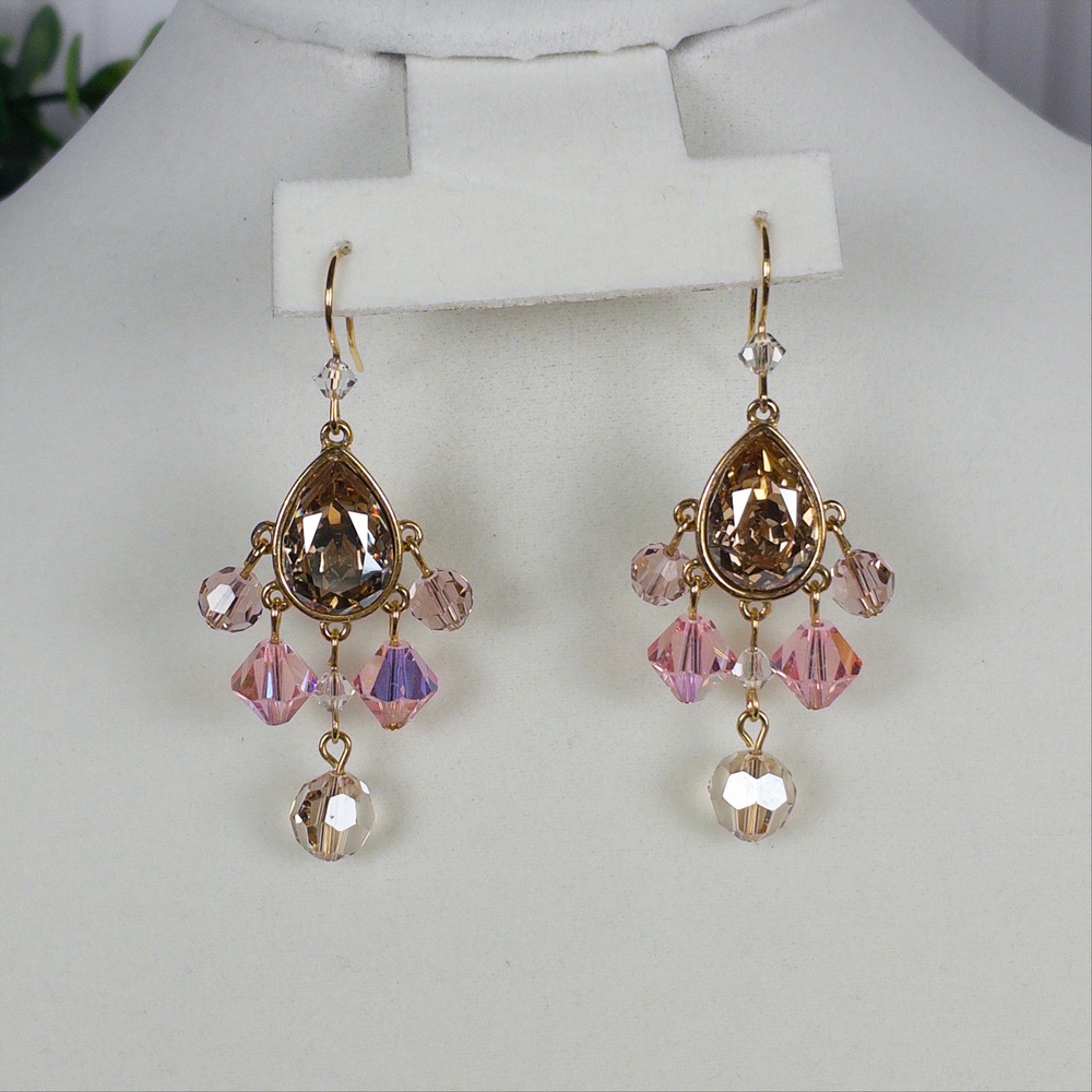 Vintage Swarovski Gold Tone Chandelier Earrings Champagne Pink Crystal Dangle